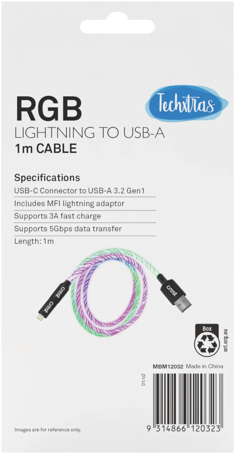Techxtras USB-A to Lightning Glowing Cable (1m)