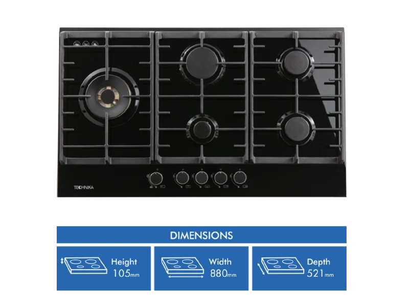 Technika 90cm Black Glass Gas Cooktop
