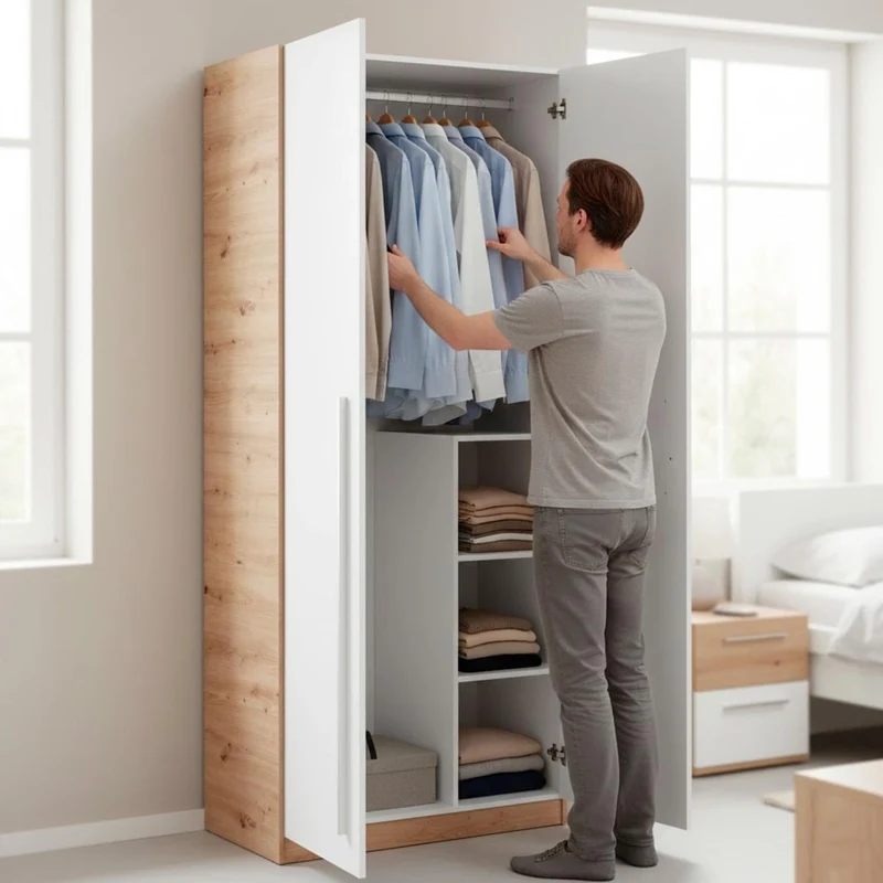 Armadio A 2 Ante Con Asta Appendiabiti E 3 Ripiani Armadietto Mobile Guardaroba Mobiletto Moderno Per Cameretta Camera Ragazzi 90 x 200 x 52 Cm Bianco E Rovere