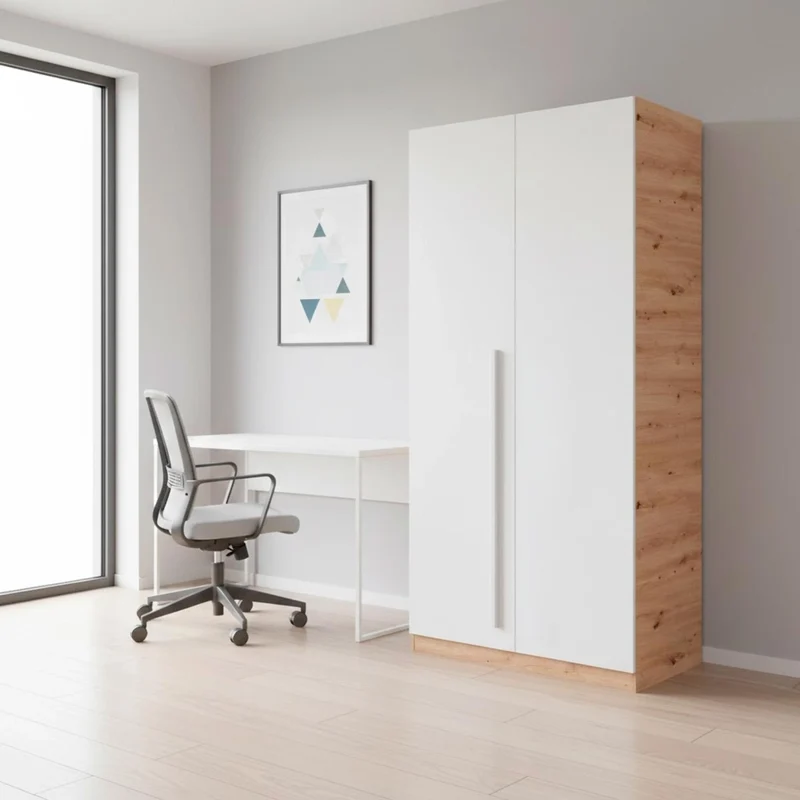 Armadio A 2 Ante Con Asta Appendiabiti E 3 Ripiani Armadietto Mobile Guardaroba Mobiletto Moderno Per Cameretta Camera Ragazzi 90 x 200 x 52 Cm Bianco E Rovere