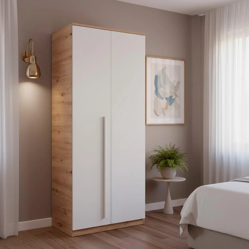 Armadio A 2 Ante Con Asta Appendiabiti E 3 Ripiani Armadietto Mobile Guardaroba Mobiletto Moderno Per Cameretta Camera Ragazzi 90 x 200 x 52 Cm Bianco E Rovere