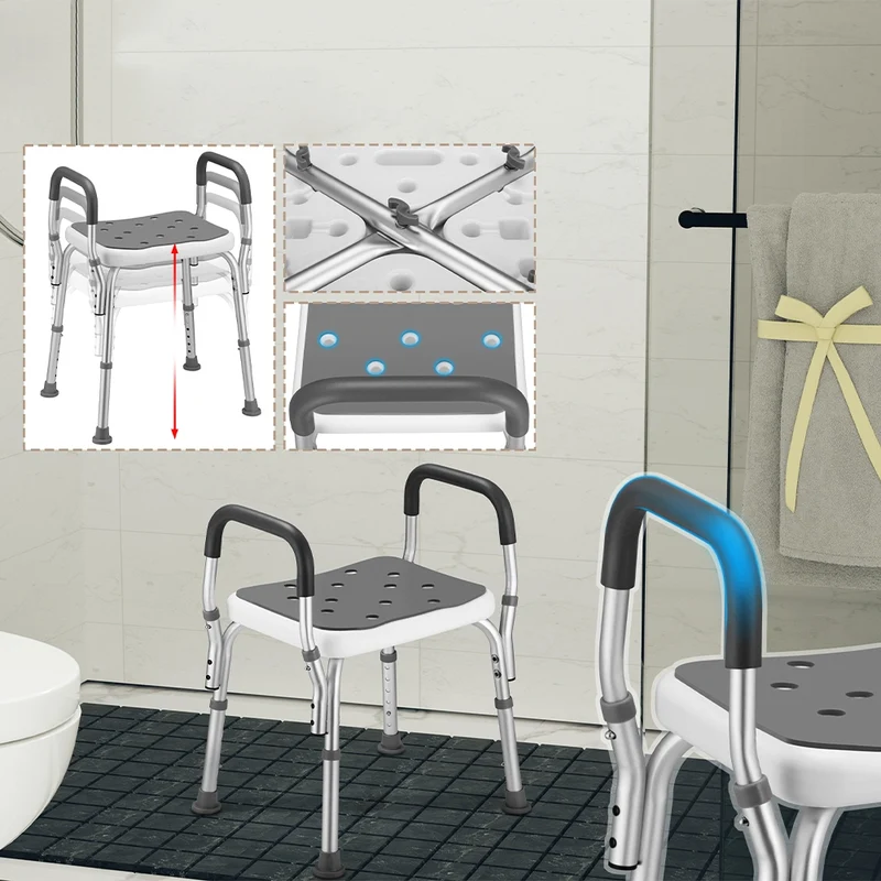 Sgabello da Doccia Regolabile 6 Altezze Antiscivolo 150kg Sedile Ergonomico
