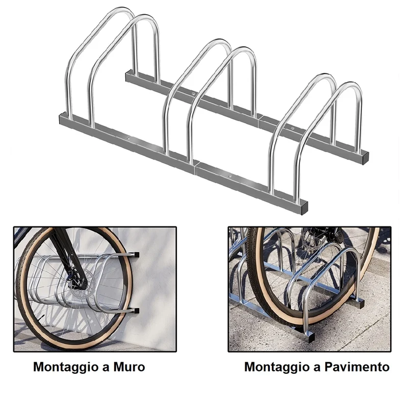 Rastrelliera Parcheggio Bici 3 Posti in Acciaio 33x27x72 cm Silver