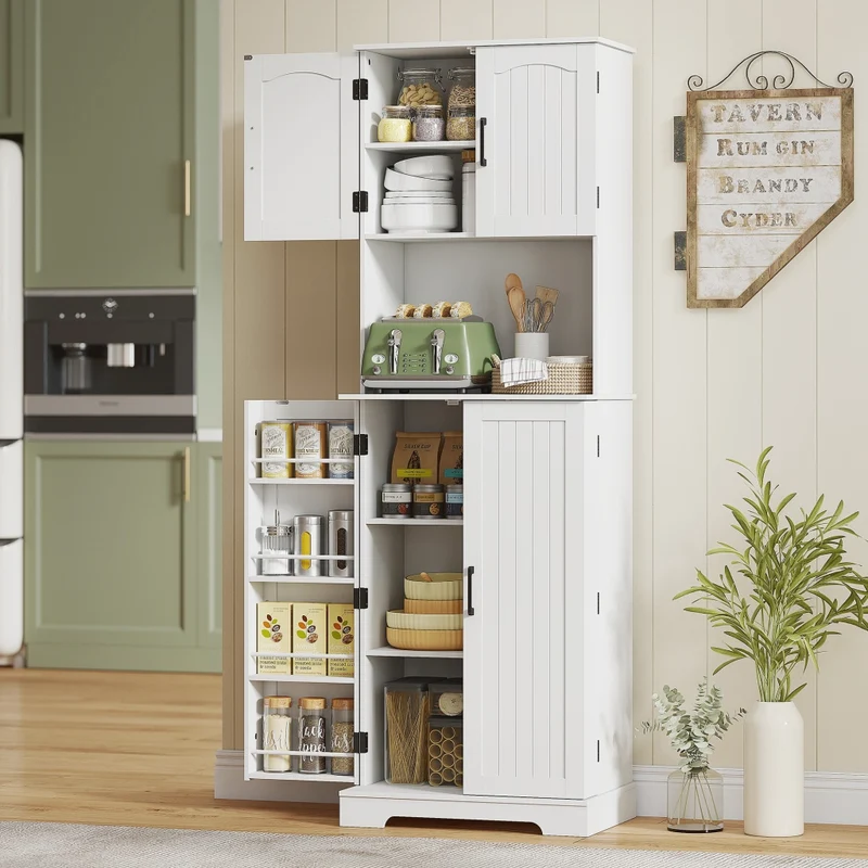 Credenza da Cucina Alta Stile Country 60x40x181,5 cm 2 Armadietti e 8 Portaspezie in MDF Bianco
