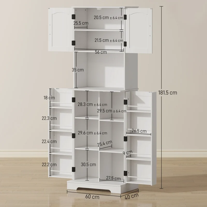 Credenza da Cucina Alta Stile Country 60x40x181,5 cm 2 Armadietti e 8 Portaspezie in MDF Bianco