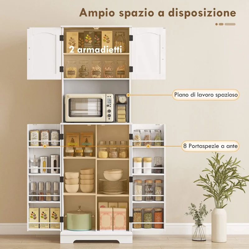 Credenza da Cucina Alta Stile Country 60x40x181,5 cm 2 Armadietti e 8 Portaspezie in MDF Bianco