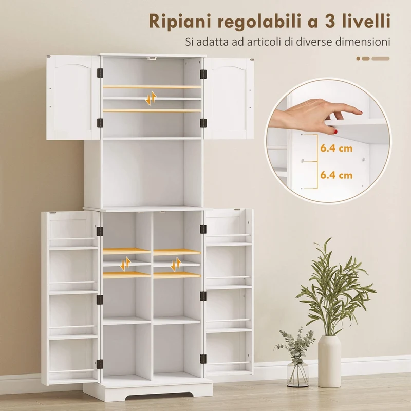 Credenza da Cucina Alta Stile Country 60x40x181,5 cm 2 Armadietti e 8 Portaspezie in MDF Bianco