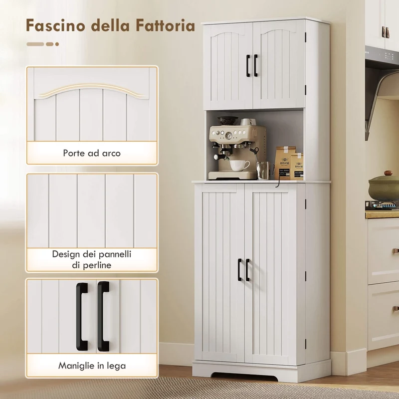 Credenza da Cucina Alta Stile Country 60x40x181,5 cm 2 Armadietti e 8 Portaspezie in MDF Bianco