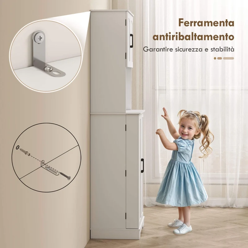 Credenza da Cucina Alta Stile Country 60x40x181,5 cm 2 Armadietti e 8 Portaspezie in MDF Bianco