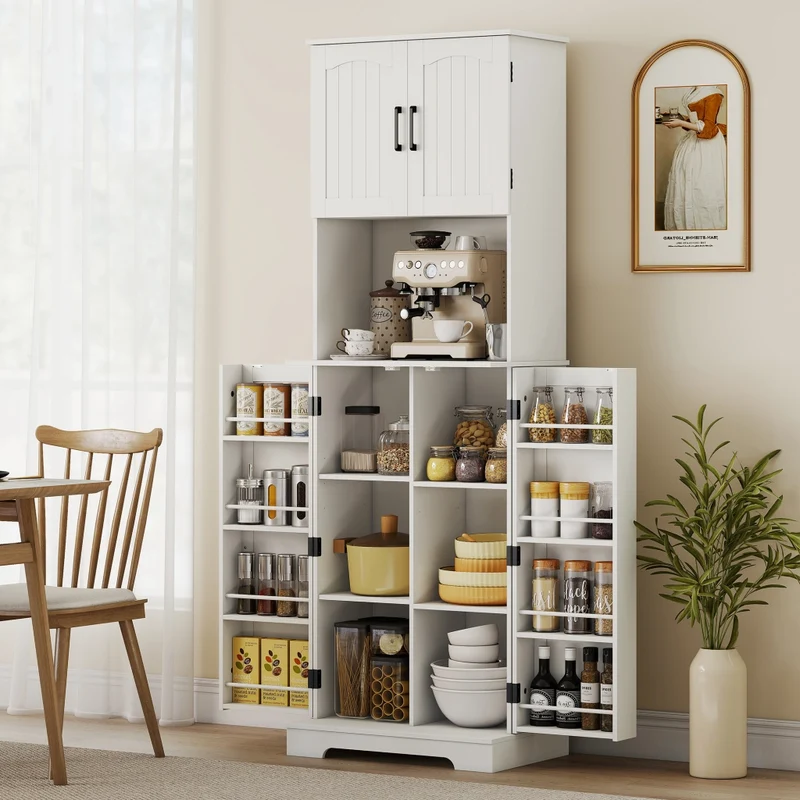 Credenza da Cucina Alta Stile Country 60x40x181,5 cm 2 Armadietti e 8 Portaspezie in MDF Bianco