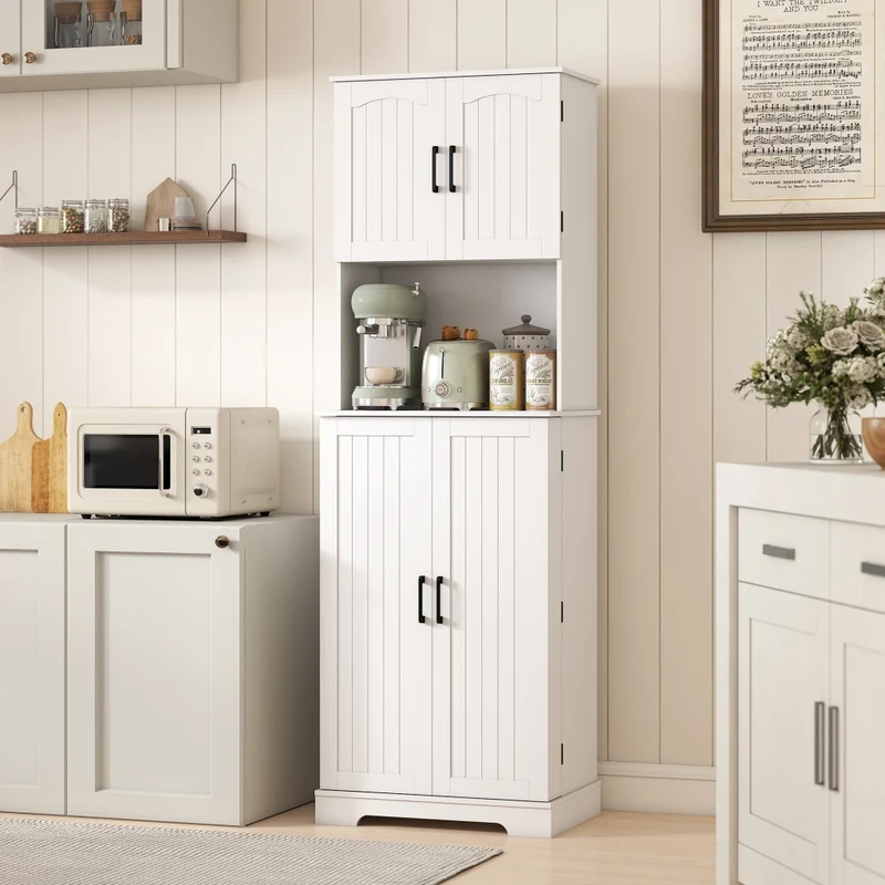 Credenza da Cucina Alta Stile Country 60x40x181,5 cm 2 Armadietti e 8 Portaspezie in MDF Bianco