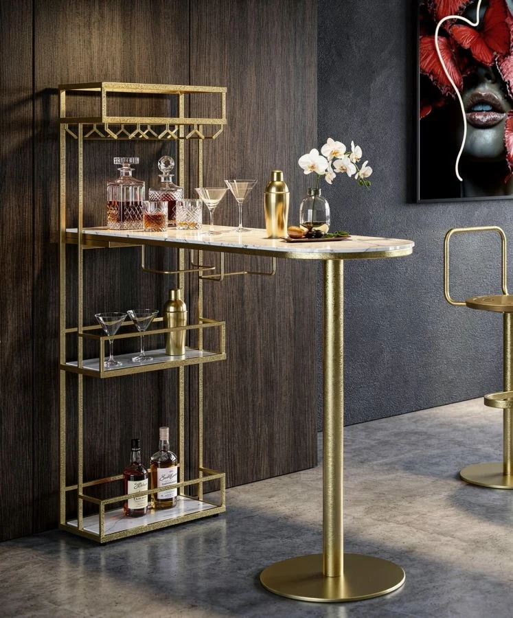 Bancone Bar Luxy 120x45x150 cm in Metallo e Marmo Artificiale Oro e Bianco
