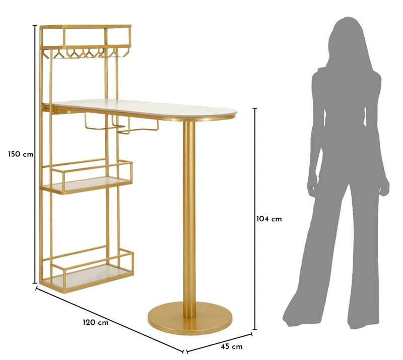 Bancone Bar Luxy 120x45x150 cm in Metallo e Marmo Artificiale Oro e Bianco