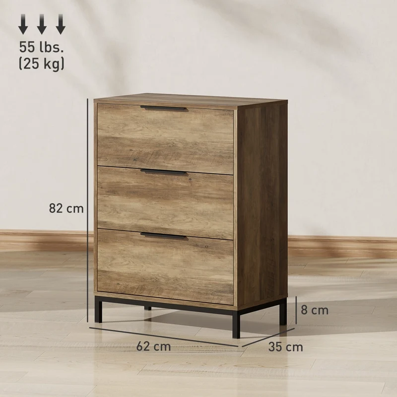 Cassettiera 3 Cassetti Antiribaltamento 62x35x82 cm in Legno e Metallo Marrone Scuro