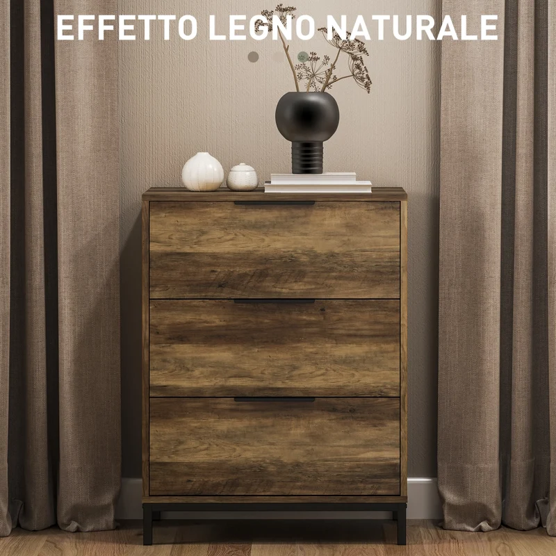 Cassettiera 3 Cassetti Antiribaltamento 62x35x82 cm in Legno e Metallo Marrone Scuro