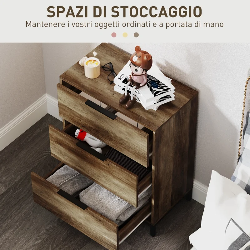 Cassettiera 3 Cassetti Antiribaltamento 62x35x82 cm in Legno e Metallo Marrone Scuro