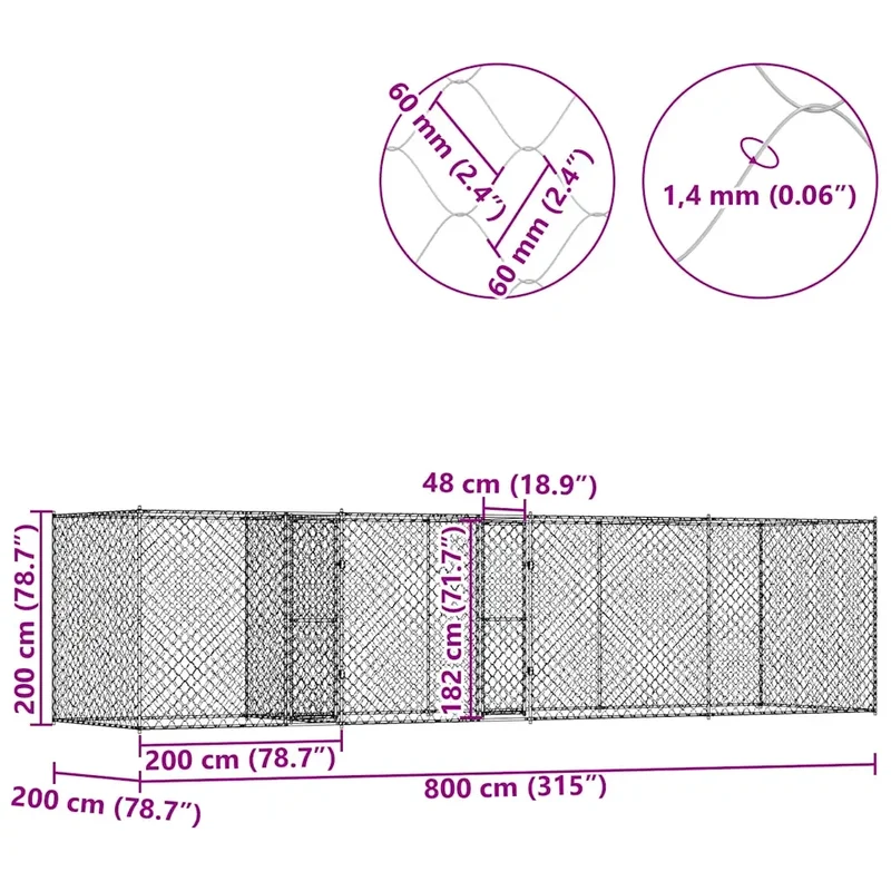 Gabbia per cani Argento 800 x 200 x 200 cm Acciaio zincato 3368313