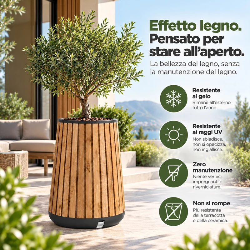 Keter Deco Conic Vaso Alto Fioriera Piante Fiori 150L Resiste UV Pino Chiaro