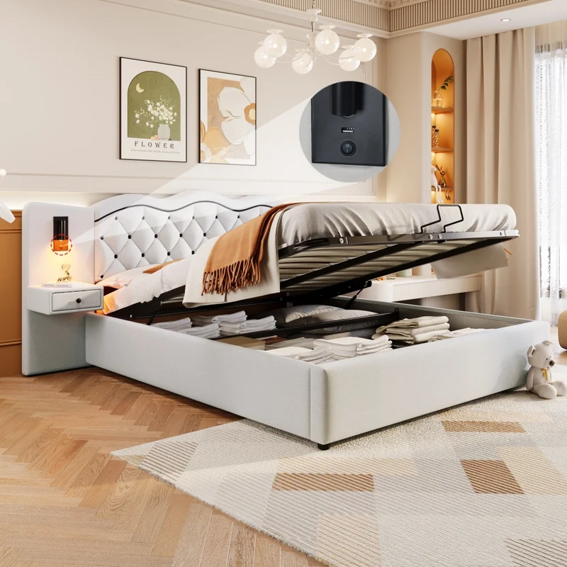 Letto matrimoniale 180x200 cm imbottito beige con testiera integrata; contenitore e luci