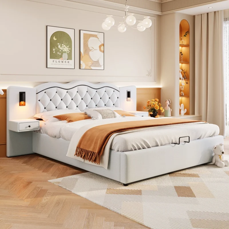 Letto matrimoniale 180x200 cm imbottito beige con testiera integrata; contenitore e luci