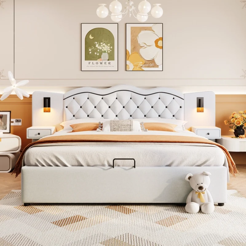 Letto matrimoniale 180x200 cm imbottito beige con testiera integrata; contenitore e luci