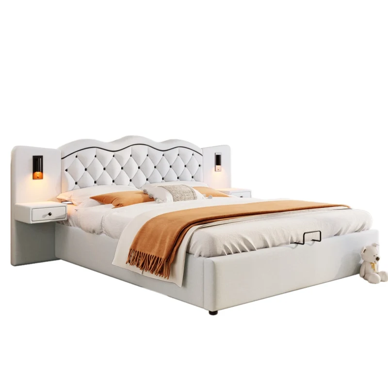 Letto matrimoniale 180x200 cm imbottito beige con testiera integrata; contenitore e luci