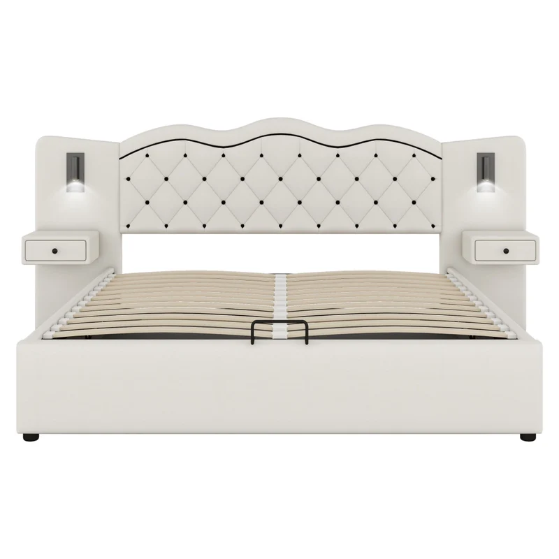 Letto matrimoniale 180x200 cm imbottito beige con testiera integrata; contenitore e luci