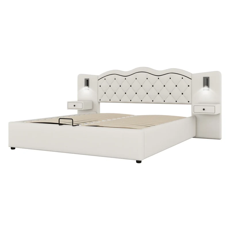 Letto matrimoniale 180x200 cm imbottito beige con testiera integrata; contenitore e luci