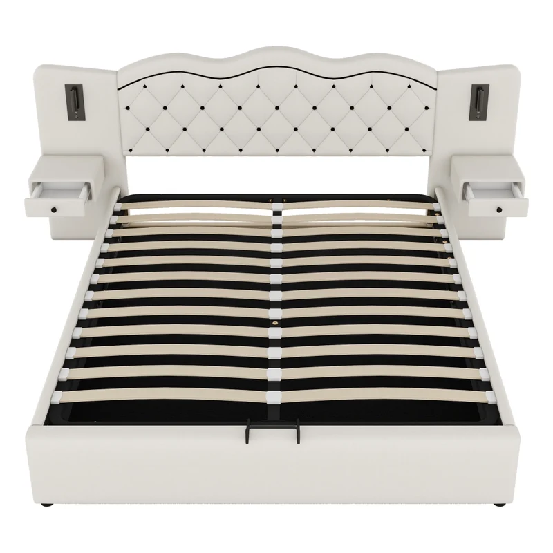 Letto matrimoniale 180x200 cm imbottito beige con testiera integrata; contenitore e luci
