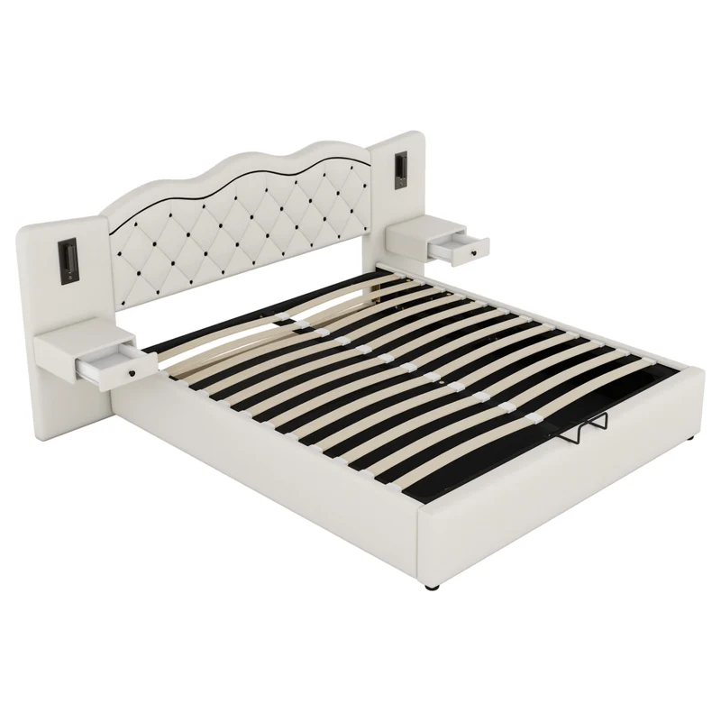 Letto matrimoniale 180x200 cm imbottito beige con testiera integrata; contenitore e luci
