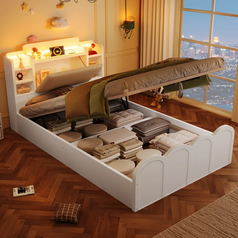 Letto singolo 90x200 cm bianco con contenitore idraulico; LED e ricarica USB-C per cameretta