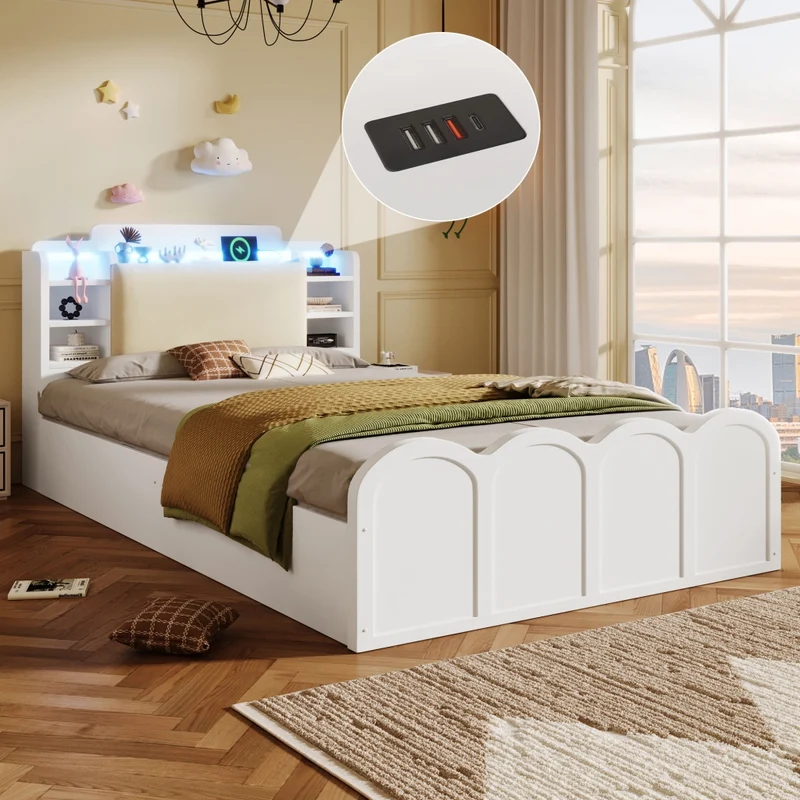 Letto singolo 90x200 cm bianco con contenitore idraulico; LED e ricarica USB-C per cameretta