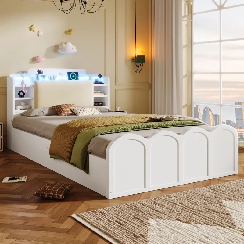 Letto singolo 90x200 cm bianco con contenitore idraulico; LED e ricarica USB-C per cameretta
