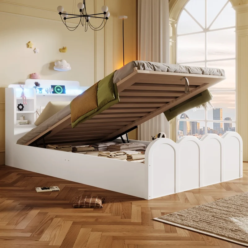 Letto singolo 90x200 cm bianco con contenitore idraulico; LED e ricarica USB-C per cameretta