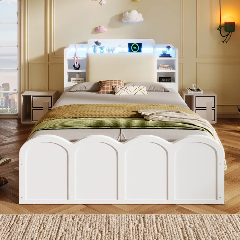 Letto singolo 90x200 cm bianco con contenitore idraulico; LED e ricarica USB-C per cameretta