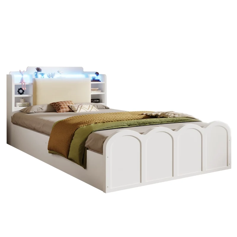 Letto singolo 90x200 cm bianco con contenitore idraulico; LED e ricarica USB-C per cameretta