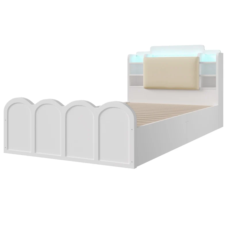 Letto singolo 90x200 cm bianco con contenitore idraulico; LED e ricarica USB-C per cameretta