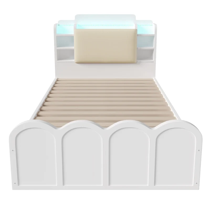 Letto singolo 90x200 cm bianco con contenitore idraulico; LED e ricarica USB-C per cameretta