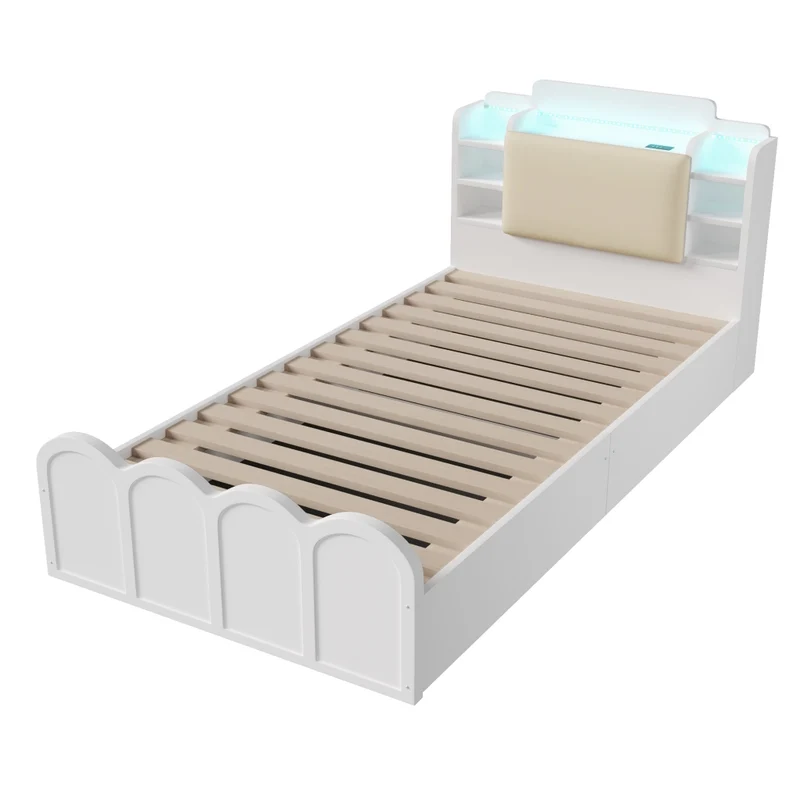 Letto singolo 90x200 cm bianco con contenitore idraulico; LED e ricarica USB-C per cameretta