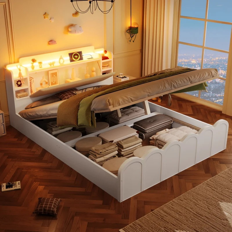 Letto contenitore 140x200 cm bianco con LED; USB-C e testiera imbottita