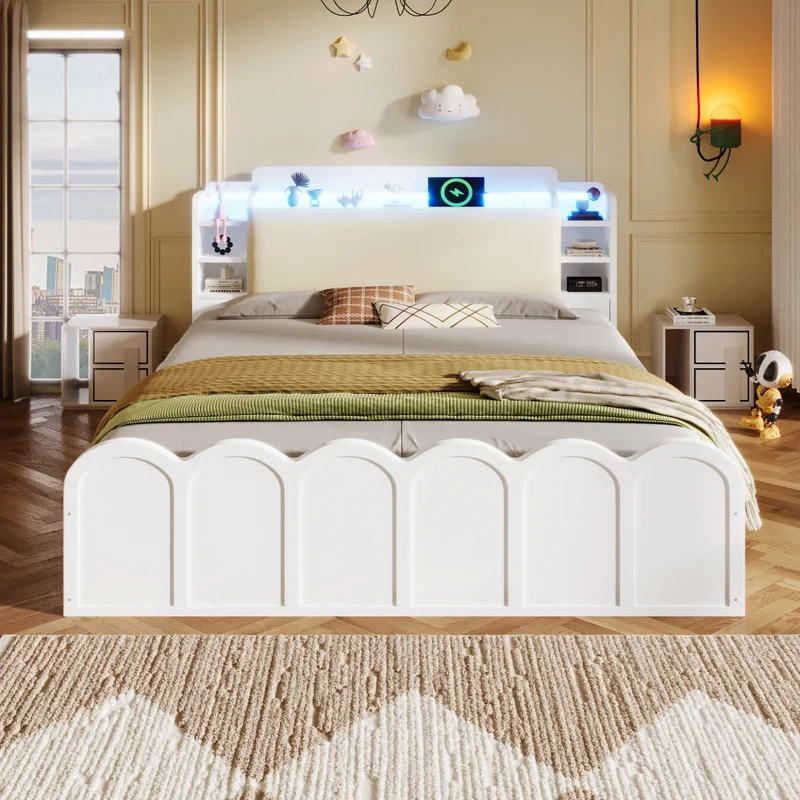 Letto contenitore 140x200 cm bianco con LED; USB-C e testiera imbottita