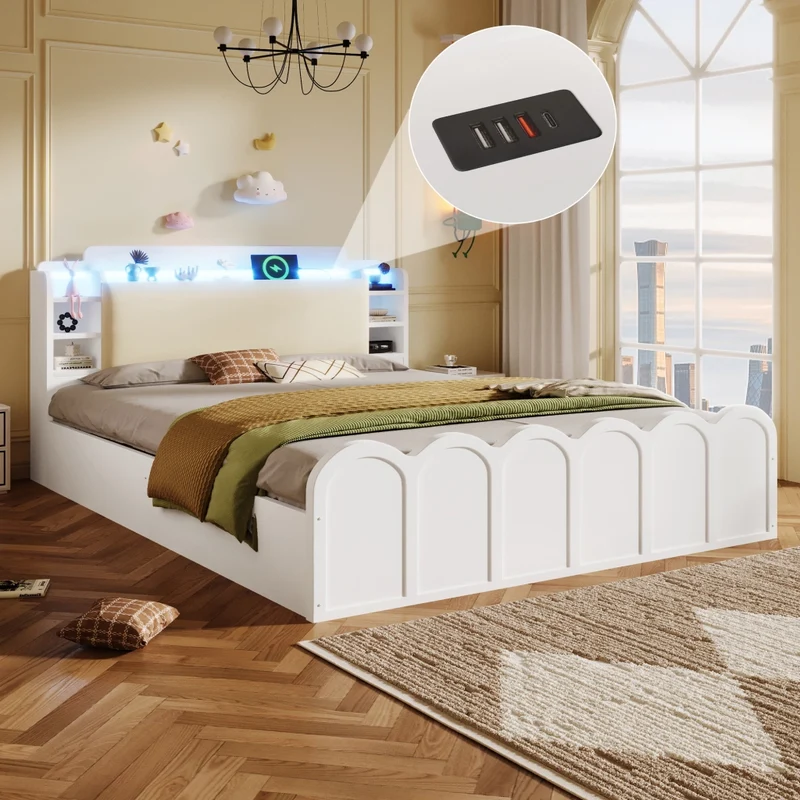Letto contenitore 140x200 cm bianco con LED; USB-C e testiera imbottita