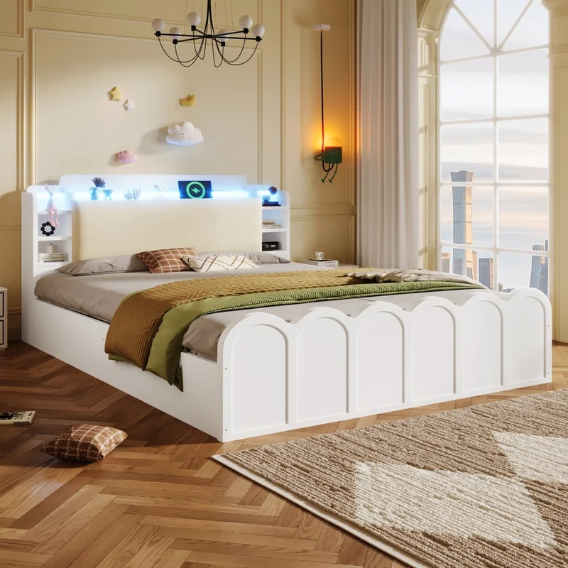 Letto contenitore 140x200 cm bianco con LED; USB-C e testiera imbottita