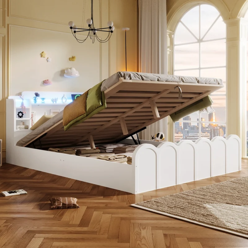 Letto contenitore 140x200 cm bianco con LED; USB-C e testiera imbottita