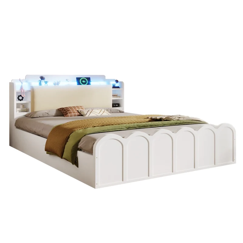 Letto contenitore 140x200 cm bianco con LED; USB-C e testiera imbottita