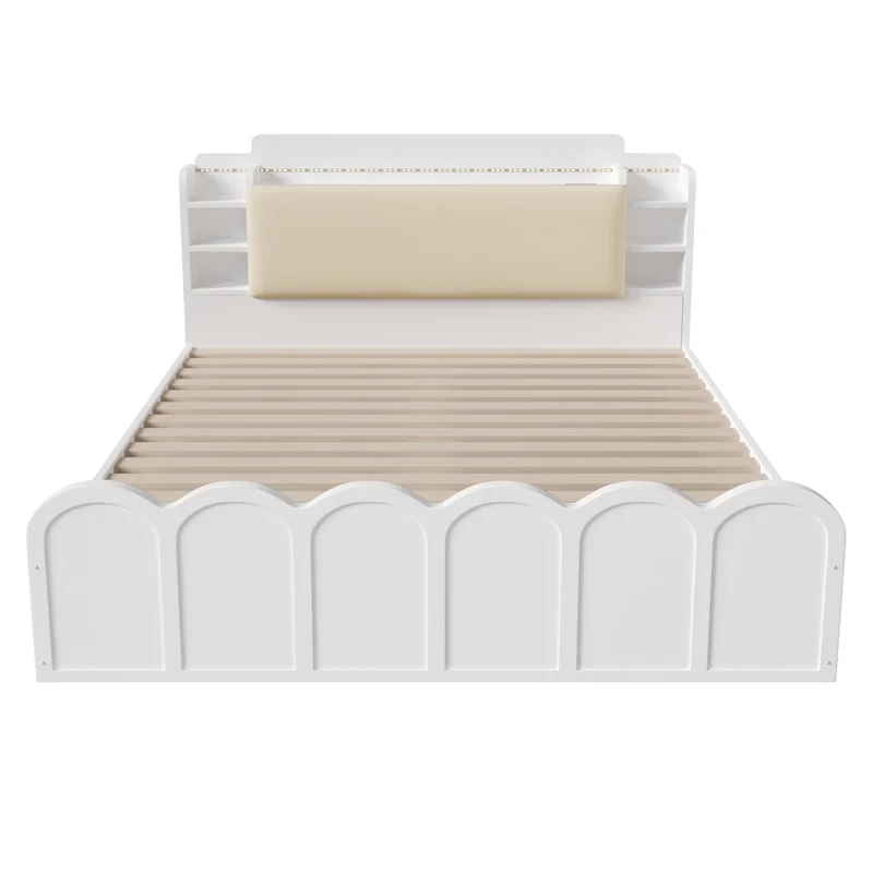 Letto contenitore 140x200 cm bianco con LED; USB-C e testiera imbottita