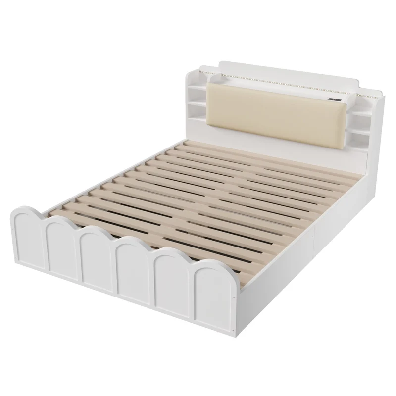 Letto contenitore 140x200 cm bianco con LED; USB-C e testiera imbottita