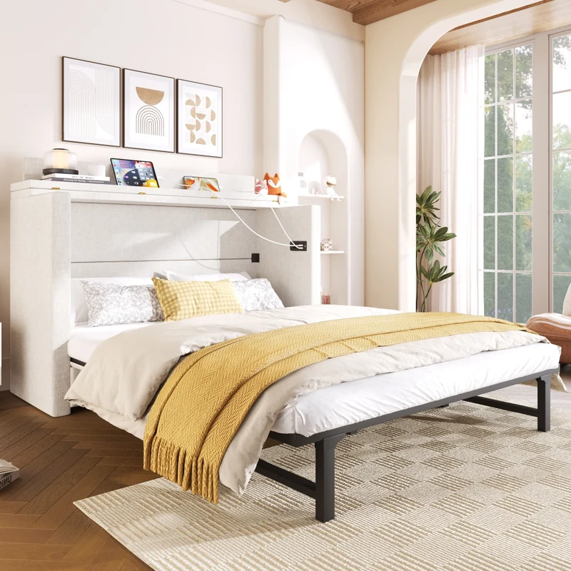 Letto a scomparsa 140x200 in lino beige con prese USB e Type-C; letto armadio salvaspazio