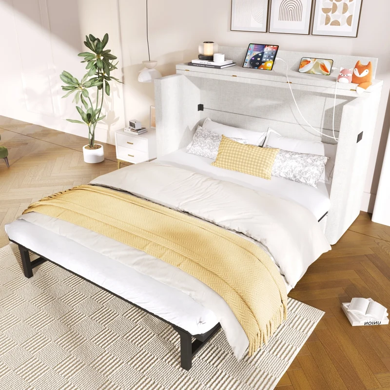 Letto a scomparsa 140x200 in lino beige con prese USB e Type-C; letto armadio salvaspazio