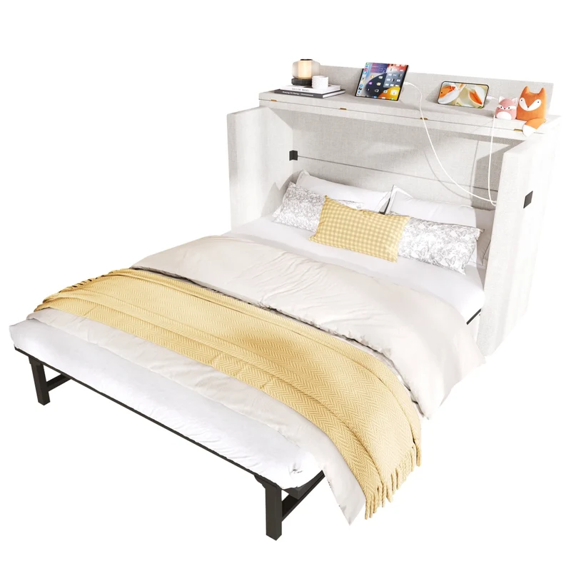 Letto a scomparsa 140x200 in lino beige con prese USB e Type-C; letto armadio salvaspazio